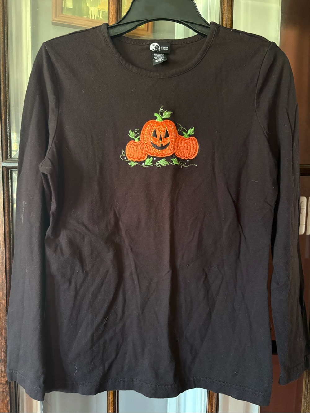 Holiday Editions Black Long Sleeve Tee with Orange Pumpkin Trio